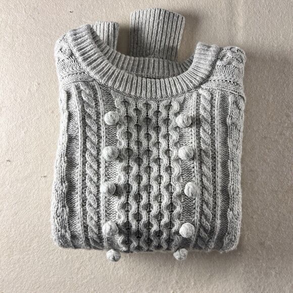 J. Crew Cable Knit Sweater womens small Ezra Pom-Pom lambs wool blend - Picture 7 of 7